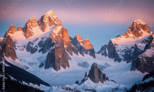 Snow-capped mountain at sunset. Generative AI