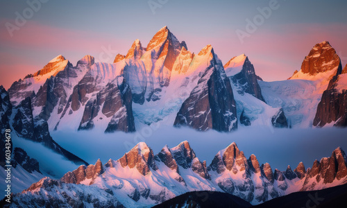 Snow-capped mountain at sunset. Generative AI