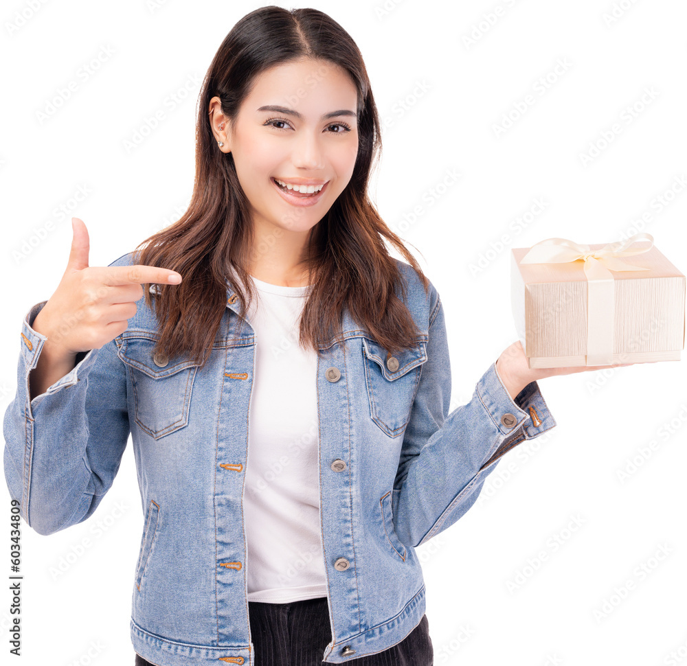 Happy young pretty woman point finger to gift box Smiling woman in denim jacket holding birthday gift box look camera over white background Happy Asia lady get present in Christmas New year Valentine Happy young pretty woman point finger to gift box Smiling woman in denim jacket holding birthday gift box look camera over white background Happy Asia lady get present in Christmas New year Valentine