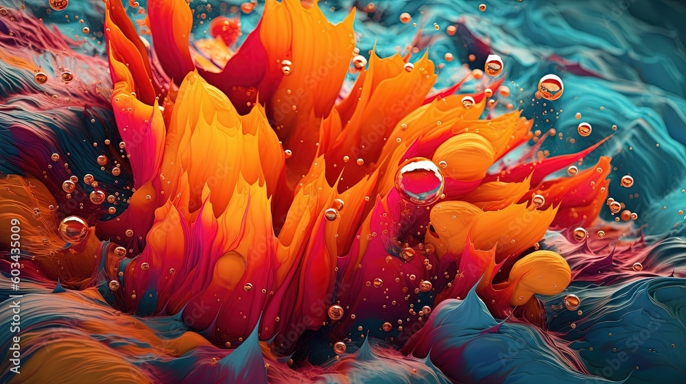 an abstract painting of orange and red flowers with bubbles of water on the petals of the flowers and the petals of the flowers are blue and orange. generative ai an abstract painting of orange and red flowers with bubbles of water on the petals of the flowers and the petals of the flowers are blue and orange. generative ai
