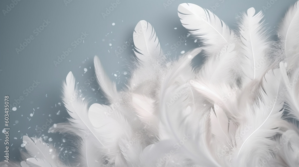 White feathers falling on a solid background of pastel shades. Image generated by AI. White feathers falling on a solid background of pastel shades. Image generated by AI.