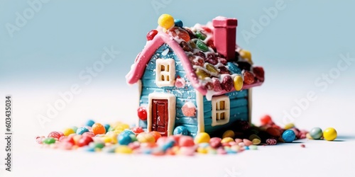 Candy house. Tiny house made with candy. Color  generative ai  little house  miniature. 