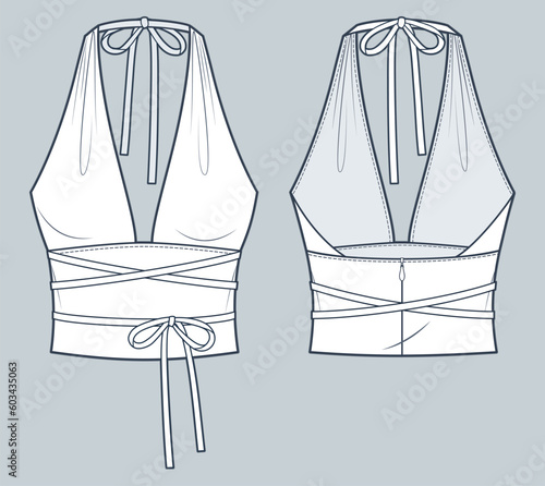 Halter Top technical fashion Illustration. Tie Top fashion flat technical drawing template, draping, slim fit, zip-up, front and back view, white, women CAD mockup.