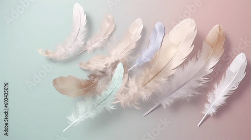 White feathers falling on a solid background of pastel shades. Image generated by AI. © Moon Project