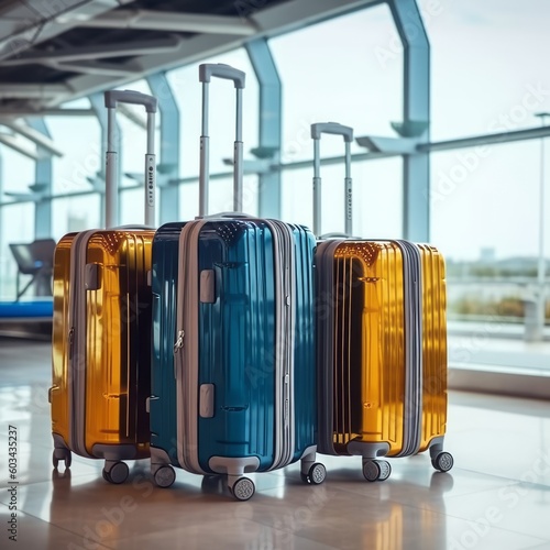 Modern stylish suitcases standing in airport departure lounge. Generative Ai