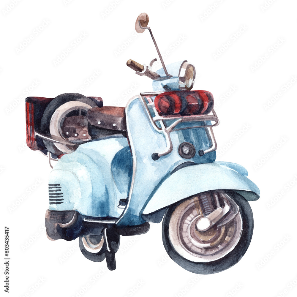 Blue retro moped watercolor blue in classic style on white background. Blue art paint. Watercolor illustration. Blue retro moped watercolor blue in classic style on white background. Blue art paint. Watercolor illustration.