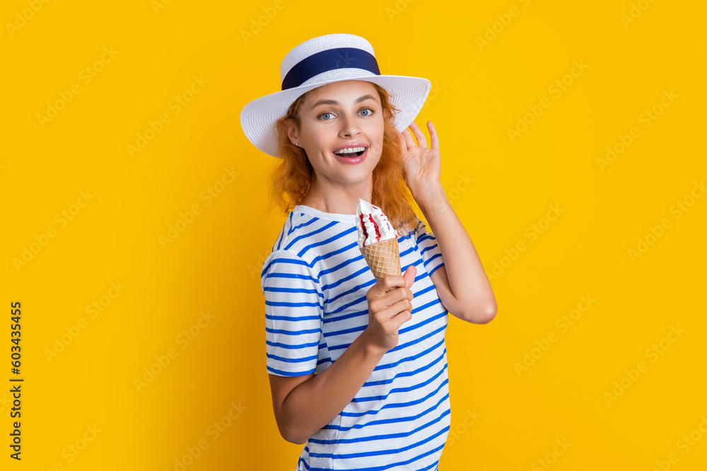 happy summer woman with sweet cone isolated on yellow. summer woman happy summer woman with sweet cone isolated on yellow. summer woman