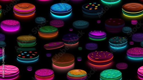  a bunch of cakes that are lit up in the night sky with different colors of lights on them and on top of each one of the cakes.  generative ai