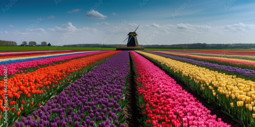 AI Generated. AI Generative.  Netherland windmill winth beauty field flowers sunset. Graphic Art