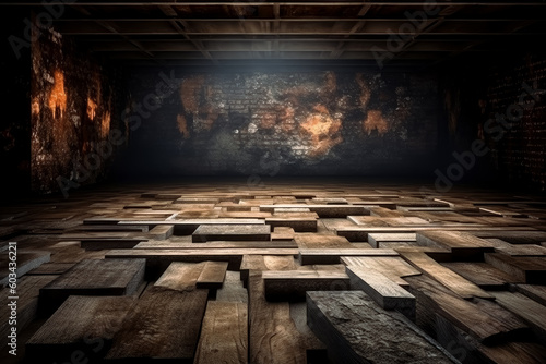 Empty empty wood floor with grungy walls, in the style of contemporary metallurgy, rustic still lifes, gray and brown, vintage wooden floor, walls with concrete. Generative Ai Illustration. photo