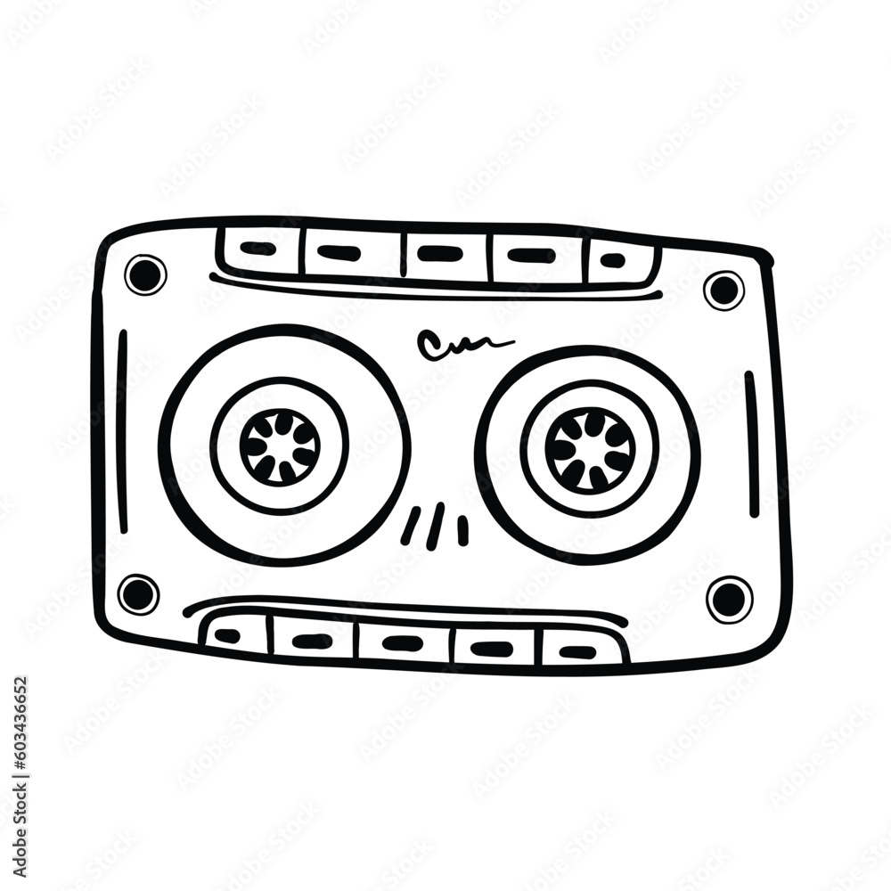 Music audio cassette doodle illustration. Cassette for tape recorder, player. Retro cassette for stereo music. Cartoon style, drawn he hand vector.