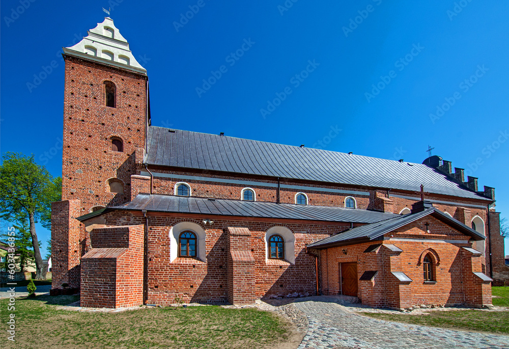 General view and architectural details of the chapel and the catholic church consecrated in 1547 of St. Adalbert the Bishop and Martyr in Szczepankowo, Podlasie, Poland.