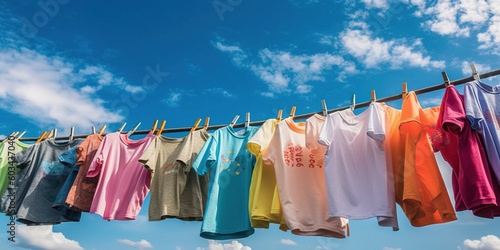 T-shirts hanging on the clothesline outdoor blue skyRainbow color  pride colors  full colored  generative ai. 