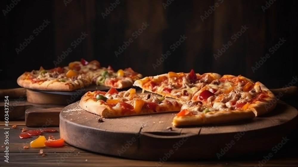 Pizzas of assorted ingredients on a wooden plate located on a wooden table. Pizzas in a warm environment surrounded by natural ingredients. Image generated by AI. Pizzas of assorted ingredients on a wooden plate located on a wooden table. Pizzas in a warm environment surrounded by natural ingredients. Image generated by AI.