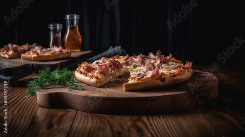 Pizzas of assorted ingredients on a wooden plate located on a wooden table. Pizzas in a warm environment surrounded by natural ingredients. Image generated by AI.