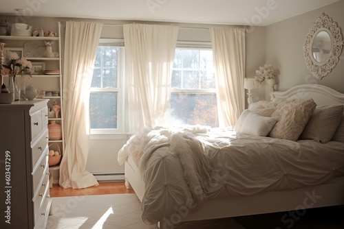 A beautiful, light-colored, cozy bedroom. The beige bedroom with modern style, big bed, pillows and light-colored furniture. The sun is shining through the window of the bedroom. Generatove ai. photo