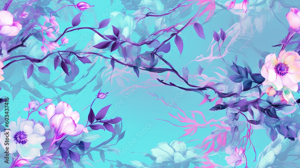  a blue and pink floral wallpaper with leaves and flowers on a light blue background with a blue sky in the backround of the picture.  generative ai