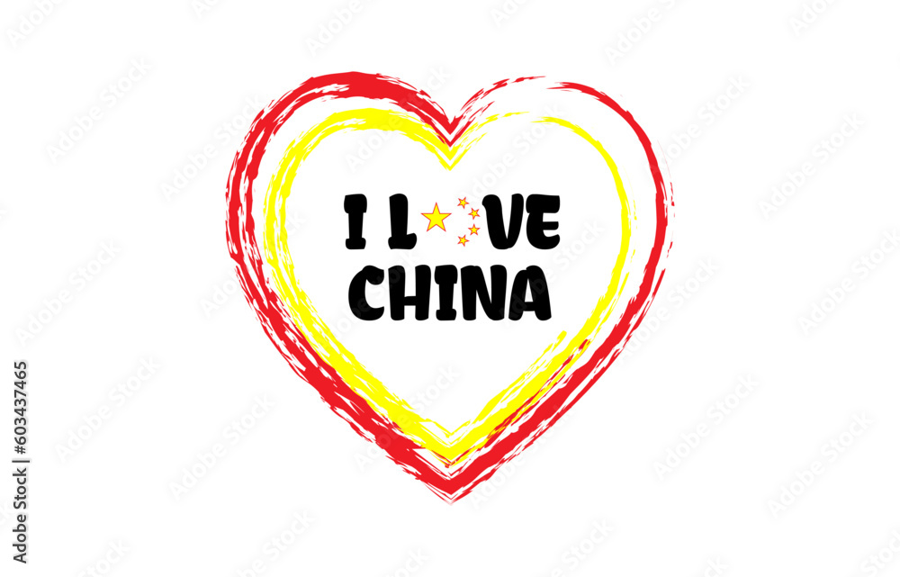 I love China heart brush style logo with national flag colors. Patriotic vector illustration icon. Template for poster, card, banner, background, personal journals, travel diary or social media.
