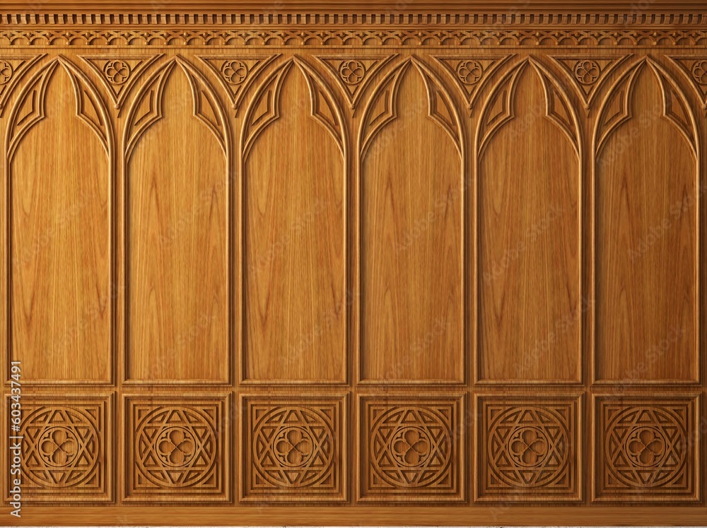 Classic cabinet or castle wall made of gothic wood paneling