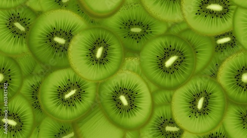  a close up view of a kiwi fruit slice with many slices cut in half and the whole kiwi in the middle of the image. generative ai
