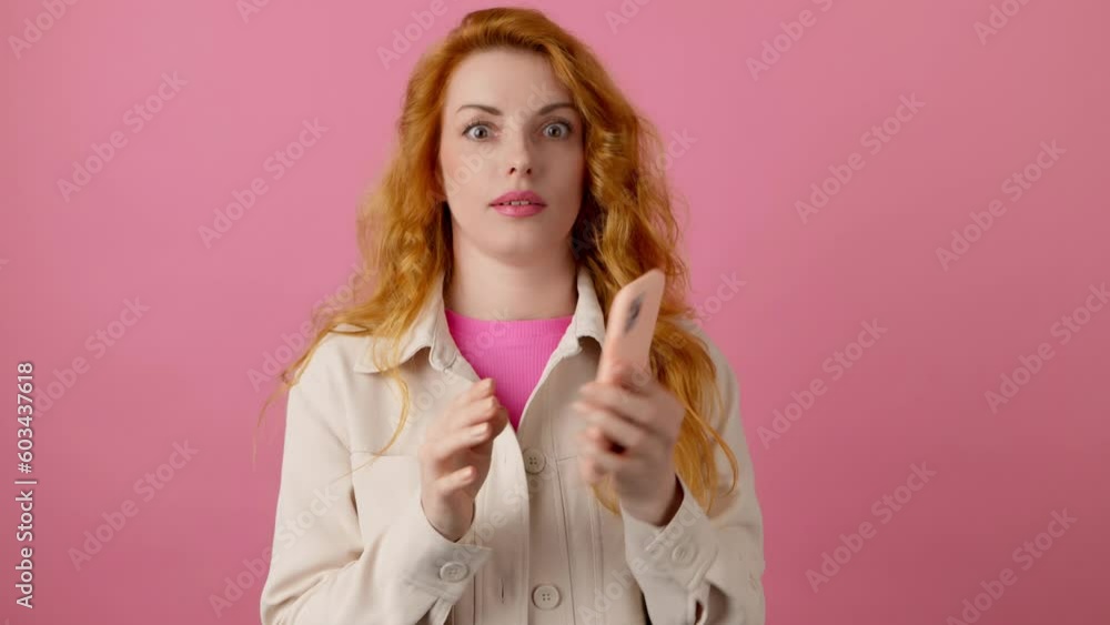 Advertising, green screen, chroma key and woman with phone for product placement, branding and mobile app marketing. Smiling lady female with mobile smartphone, studio isolated on pink background Advertising, green screen, chroma key and woman with phone for product placement, branding and mobile app marketing. Smiling lady female with mobile smartphone, studio isolated on pink background