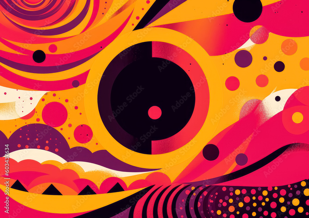 Obraz premium Pink and yellow dot pattern with yellow, in the style of concert posters, double tone effect, red, orange, yellow and neonpink tone with a retro style pattern. Generative Ai Illustration.