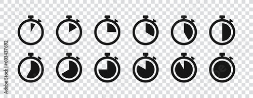 Set of timer. Stopwatch icons set. Countdown 5,10,15, 20, 25, 30, 35, 40, 45, 50, 55, 60 minutes. Timer symbol. Outline stopwatch icon. Alarm pictogram. Vector, Trasnparent background