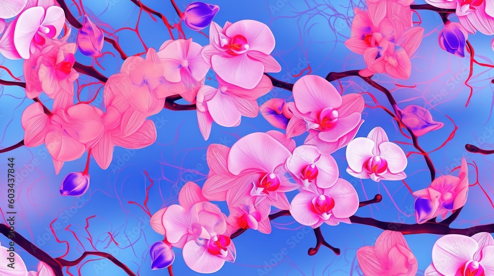  a painting of pink and purple flowers on a blue background with a branch of a tree in the center of the picture and a blue sky in the background.  generative ai