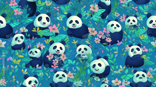  a group of panda bears sitting on top of a lush green field with flowers and leaves on it's sides and a blue sky background with pink and green leaves and pink flowers. generative ai