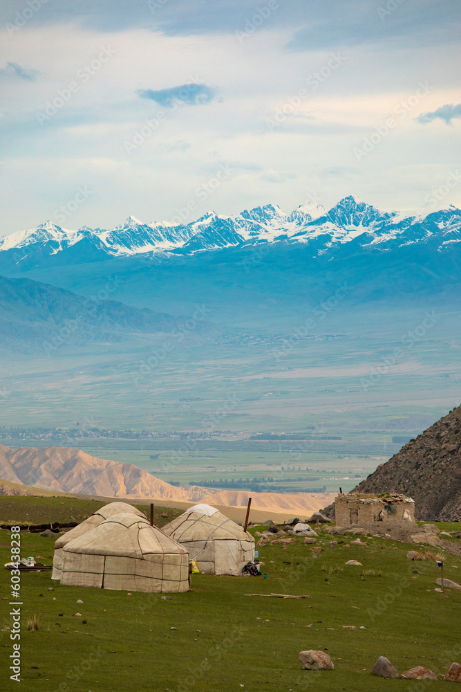 Kyrgyz traditional yurts in a high mountain valley near Kol-Ukok in the Tian Shan mountains of Kyrgyzstan.