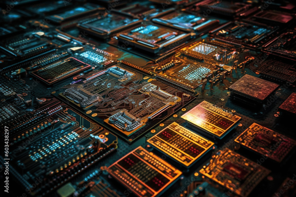 A high-resolution photograph of computer chips, highlighting the complexity and miniaturization of modern electronics Generative AI