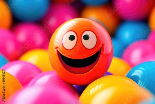 a cheerful orange ball with a smiling face amidst a vibrant collection of colorful balls