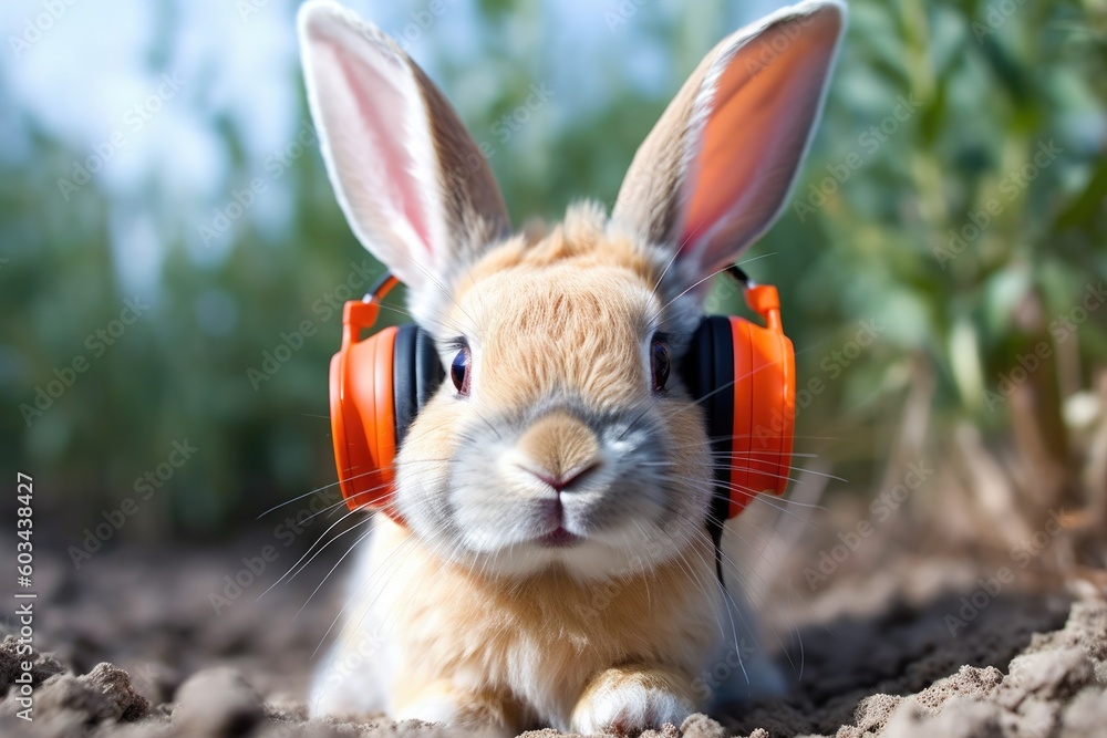 a rabbit enjoying music while sitting outdoors