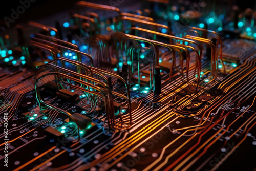 Close-up of circuit board components with vibrant lines representing the flow of electrical signals Generative AI