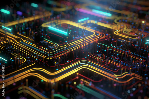Close-up of circuit board components with vibrant lines representing the flow of electrical signals Generative AI