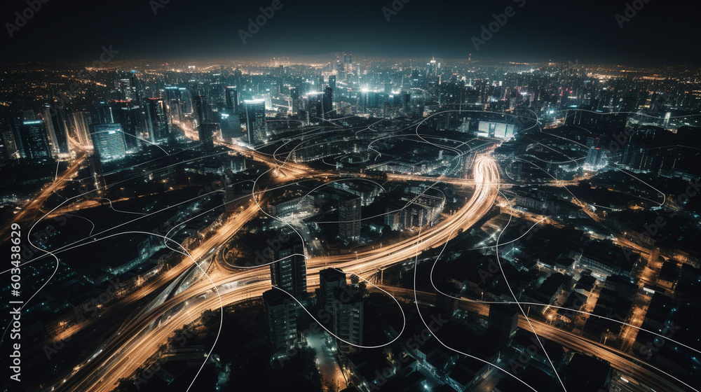 A sprawling cityscape at night, with illuminated roads and buildings symbolizing a connected urban network Generative AI