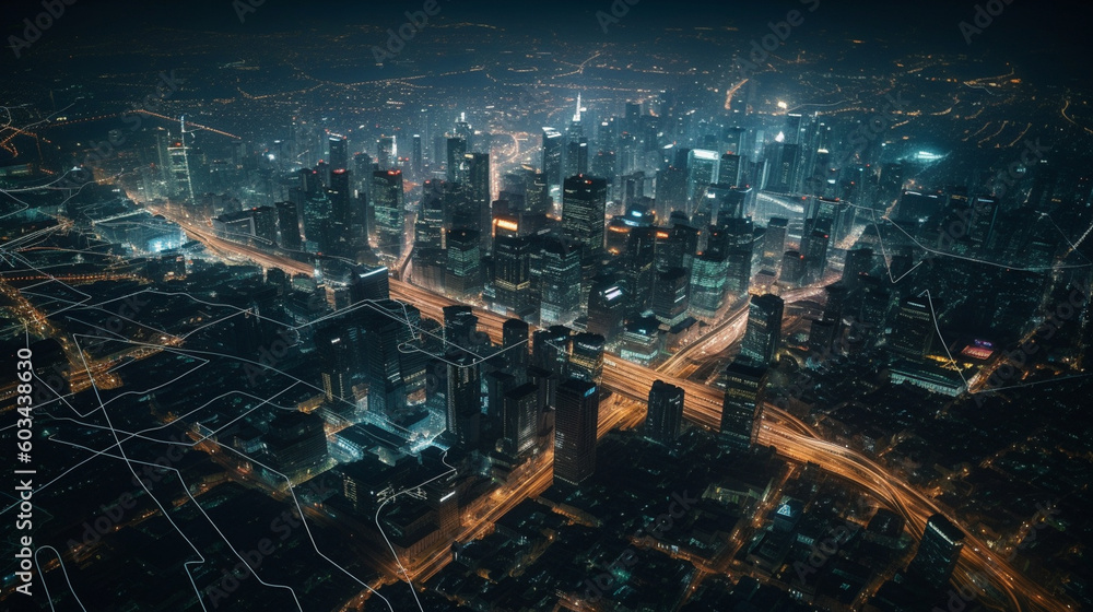 A sprawling cityscape at night, with illuminated roads and buildings symbolizing a connected urban network Generative AI