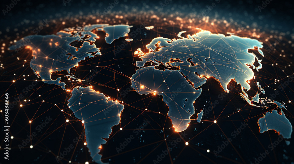 A global map with glowing dots indicating interconnected data centers ...