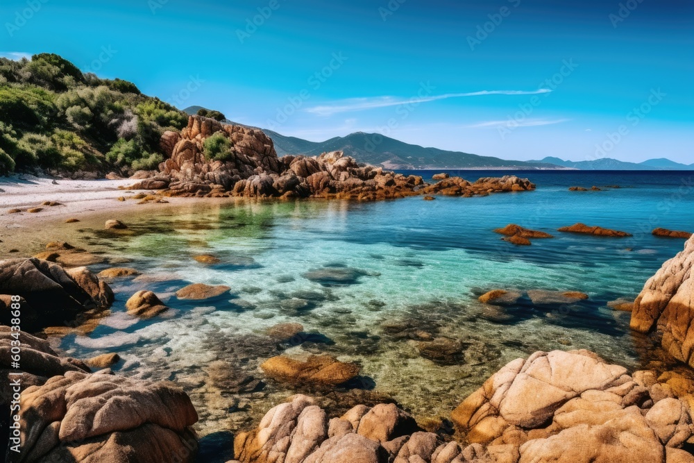 a serene beach with crystal clear blue water and rocky shoreline