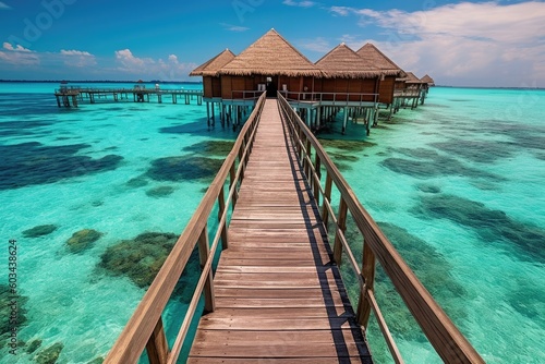 Ocean, a wooden pier stretching into the sea with a rustic hut in the background