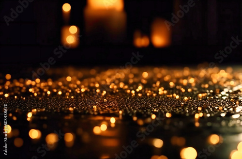 golden lights on the floor and glitter background on a dark night
