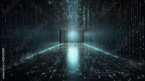 A matrix of binary code flowing through circuit pathways  visualizing the digital network infrastructure Generative AI