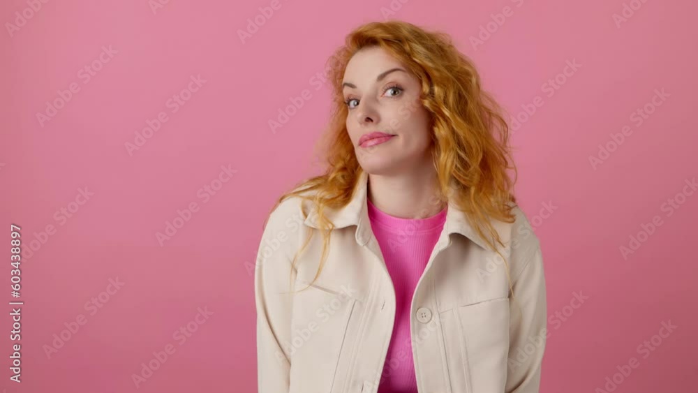 Confusion, shame and young woman spreading hands say oops ouch oh omg i am so sorry. Shy female lady, uncertain emotion with doubt problem, hand gesture with mockup in studio on pink background Confusion, shame and young woman spreading hands say oops ouch oh omg i am so sorry. Shy female lady, uncertain emotion with doubt problem, hand gesture with mockup in studio on pink background