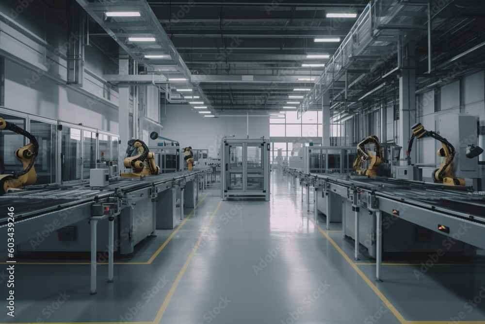 A clean and streamlined assembly line with automated robots working in harmony Generative AI A clean and streamlined assembly line with automated robots working in harmony Generative AI