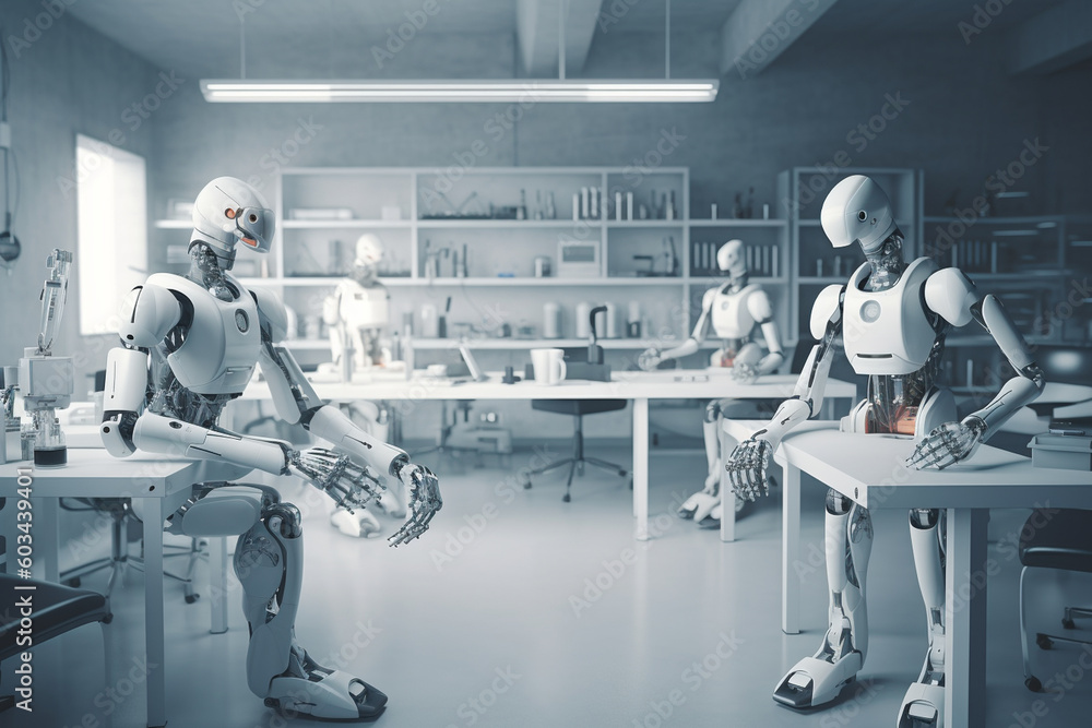 Fototapeta premium A minimalist and harmonious depiction of robots collaborating in a laboratory setting Generative AI