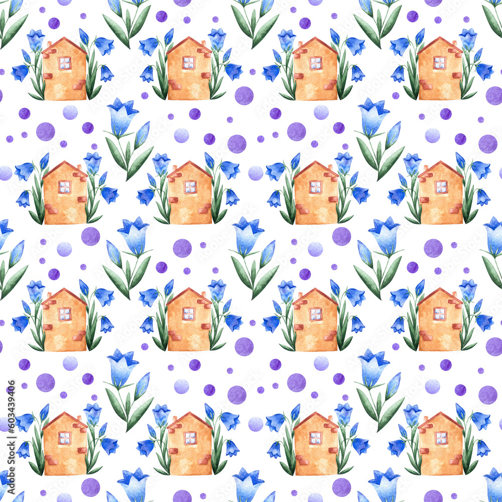 Seamless endless summer pattern with small toy house with blue and violet colored bluebells flowers and circles on white background. Design element for print Seamless endless summer pattern with small toy house with blue and violet colored bluebells flowers and circles on white background. Design element for print