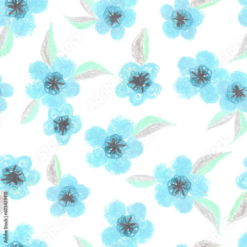 Simple pastel chalk kids illustrated style floral summer seamless pattern with little small blue flowers with grey cores and leaves.Botanical background