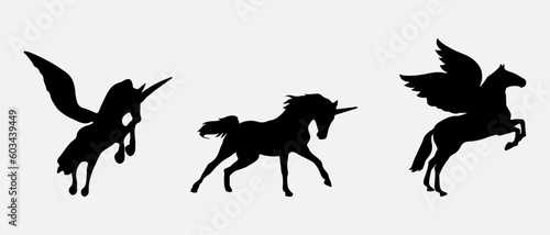isolated black silhouette of a unicorn  vector collection