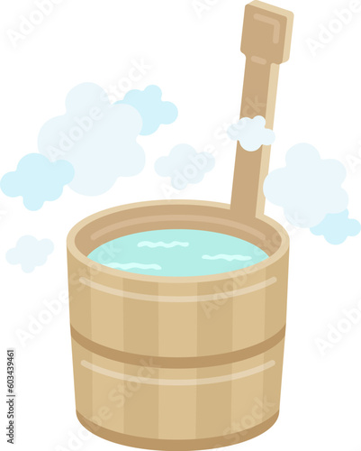お湯を入れた、檜の片手桶のイラスト