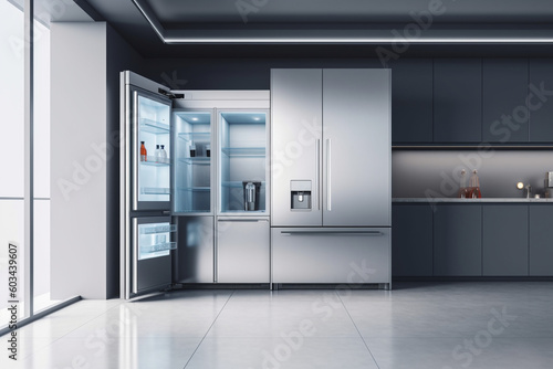 A clean and streamlined photograph of a smart refrigerator with minimalist aesthetics and advanced features Generative AI